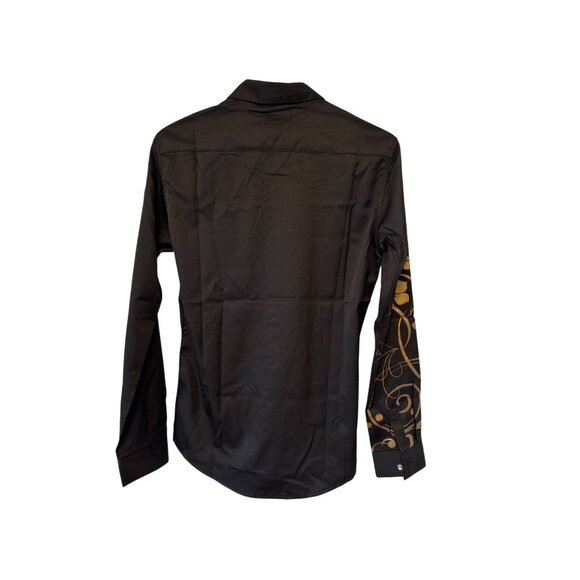 Tingbeimenshuo Mens Black Long Sleeve Shirt Gold Floral Design L - Picture 2 of 5